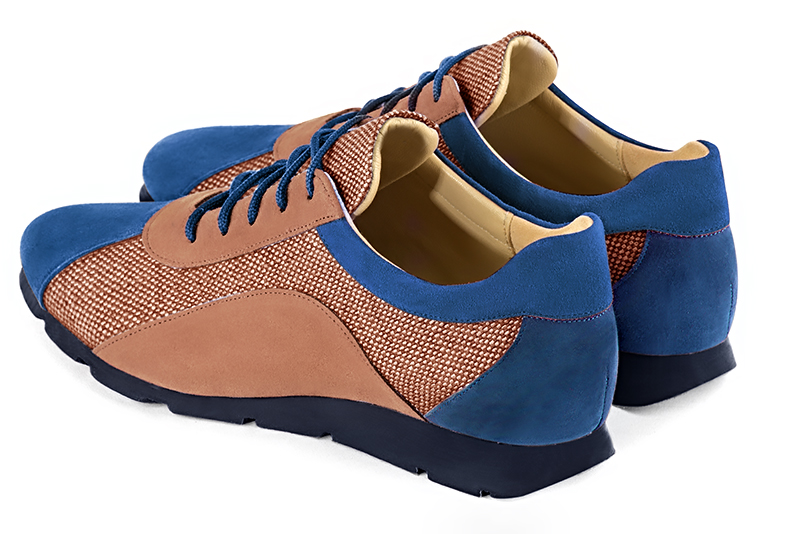 Electric blue and terracotta orange women's two-tone elegant sneakers. Round toe. Flat rubber soles. Rear view - Florence KOOIJMAN